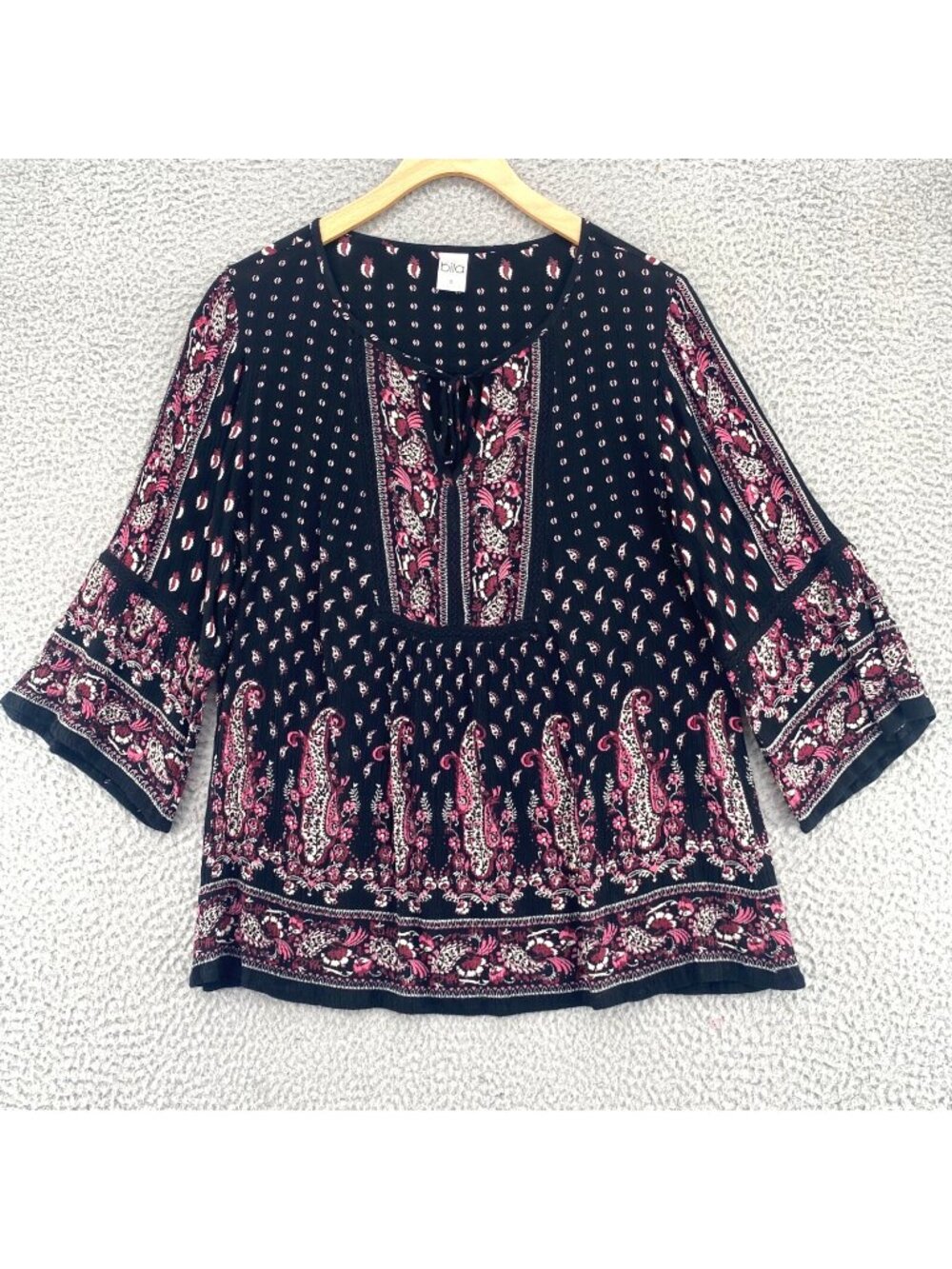Bila Top Womens Small Black Pink Floral Paisley Gauzy 3/4 Sleeves Tunic Blouse